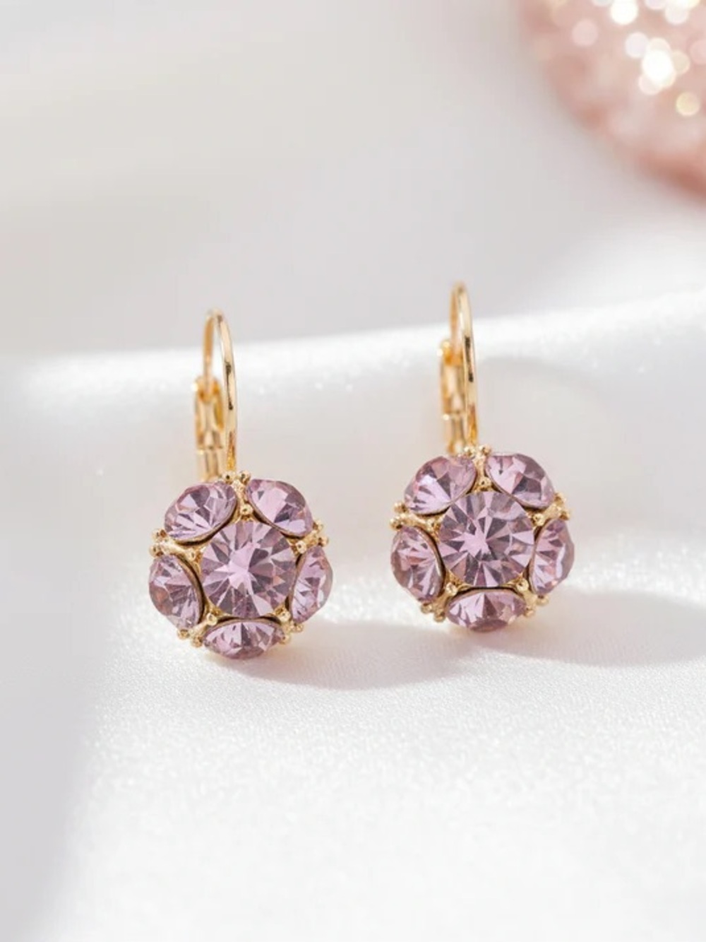 Gold Leverback Earrings with Pink Crystal Clusters